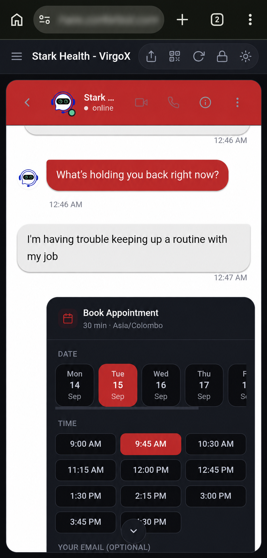 Website conversation with an appointment date and time selector. Browser address blurred.