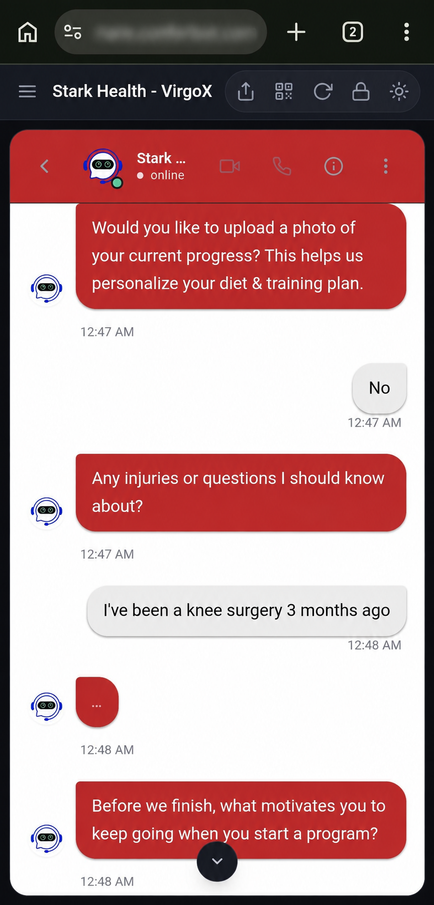 Website conversation collecting relevant concerns and motivation. Browser address blurred.